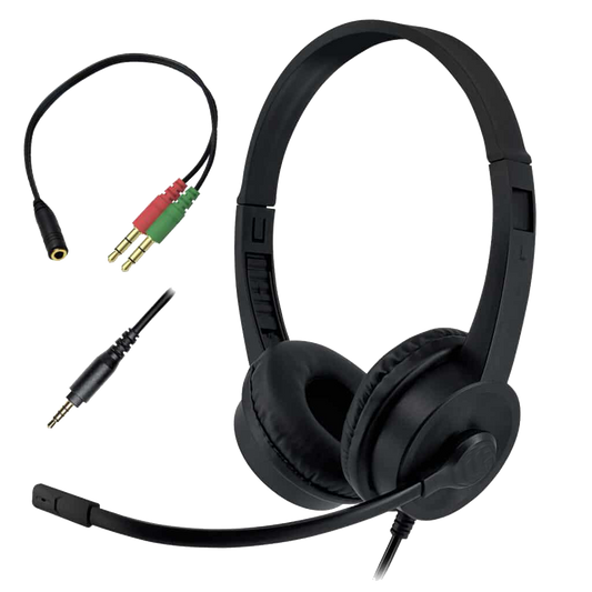 Black 4 pole Headphones including adapter 4 pole to 2 x 3.5mm Audio&Mic