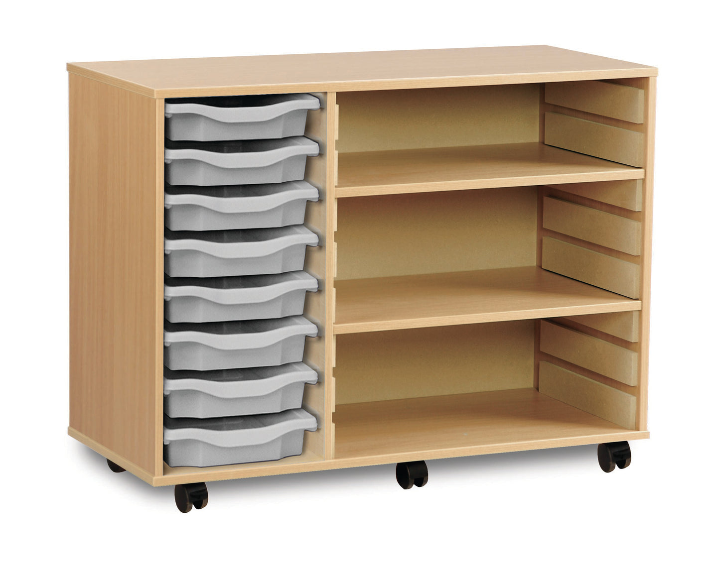 8 Tray beech MFC storage unit with shelves