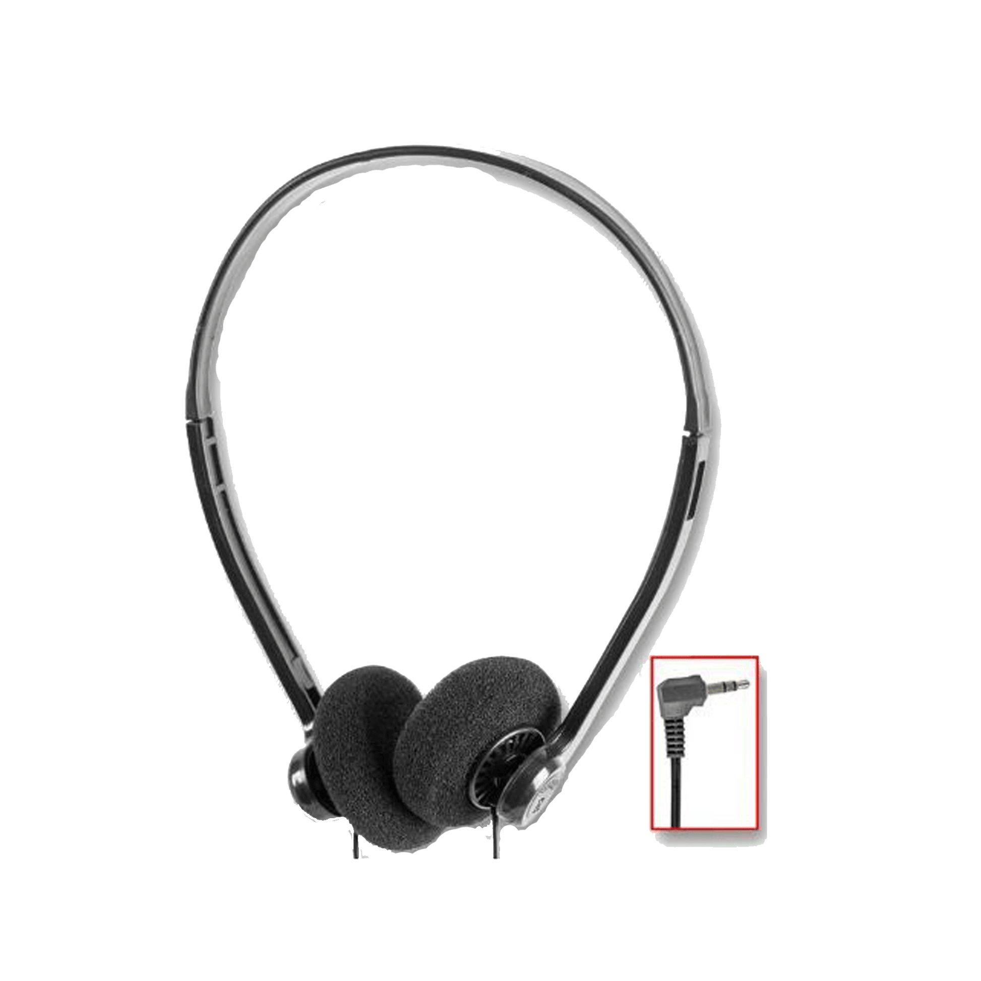 front view of headphones and right angled jack