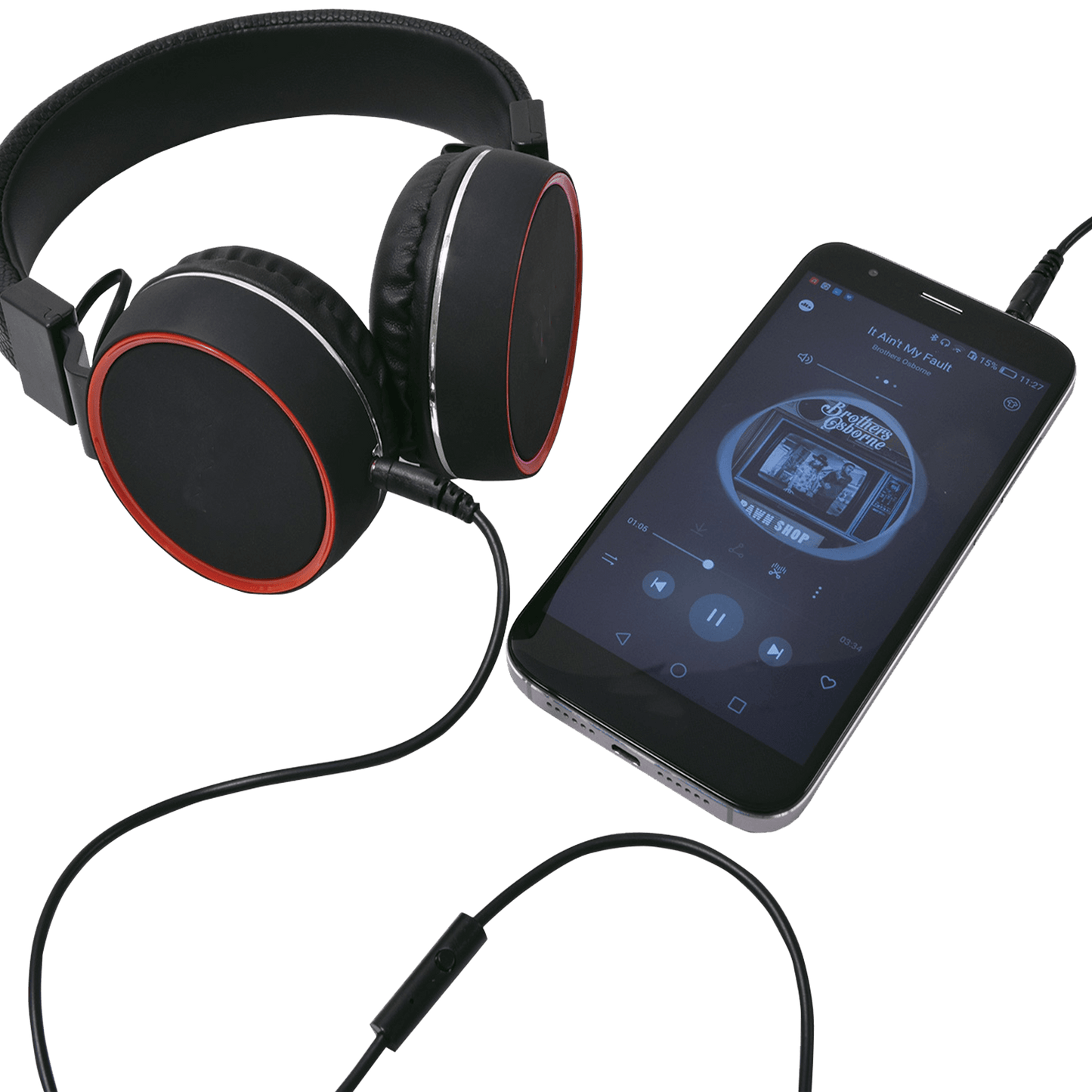 flat view of headphones connected to a phone