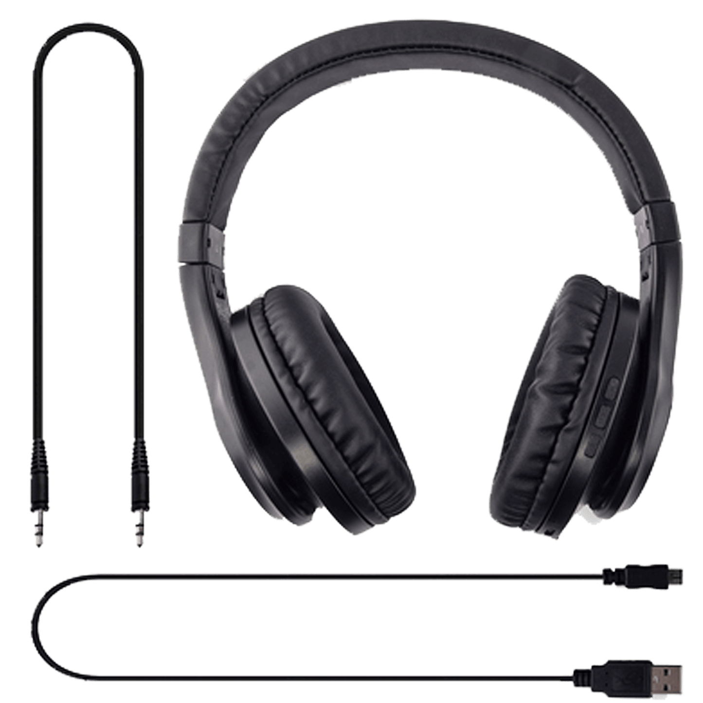 wireless black headphones showing included adapters