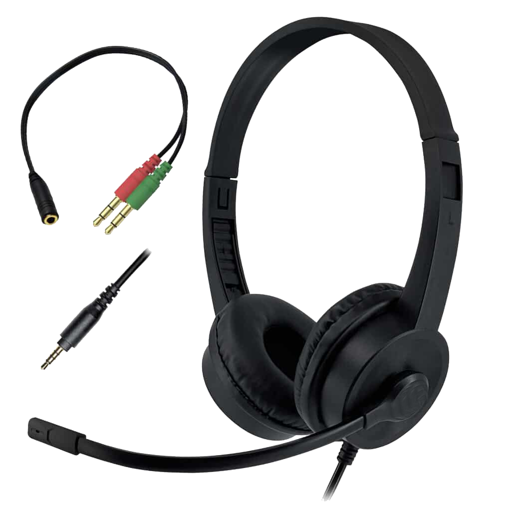 Black 4 pole Headphones including adapter 4 pole to 2 x 3.5mm Audio&Mic