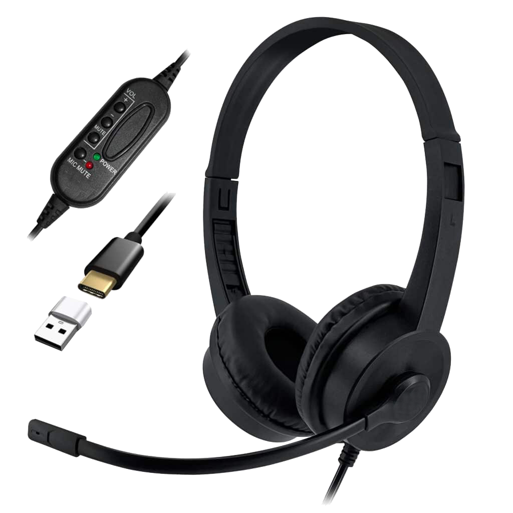USB-C Headphones with Boom Mic including USB A Adapter